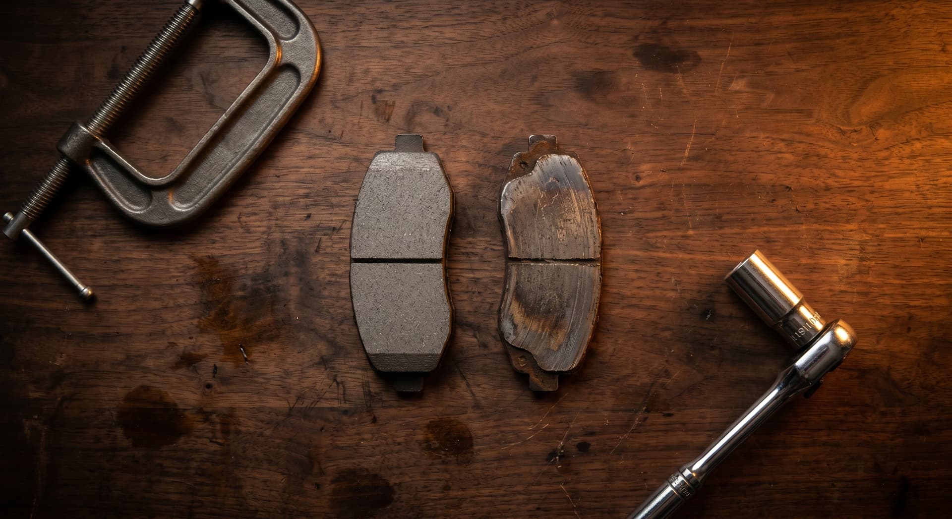 New ceramic brake pad next to a worn brake pad, C-clamp, and ratchet wrench on a dark walnut workbench